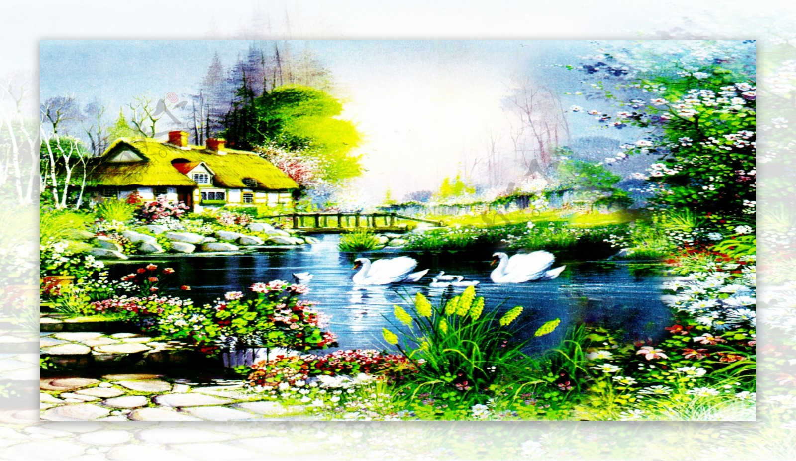 油画天鹅湖童话风景装饰画