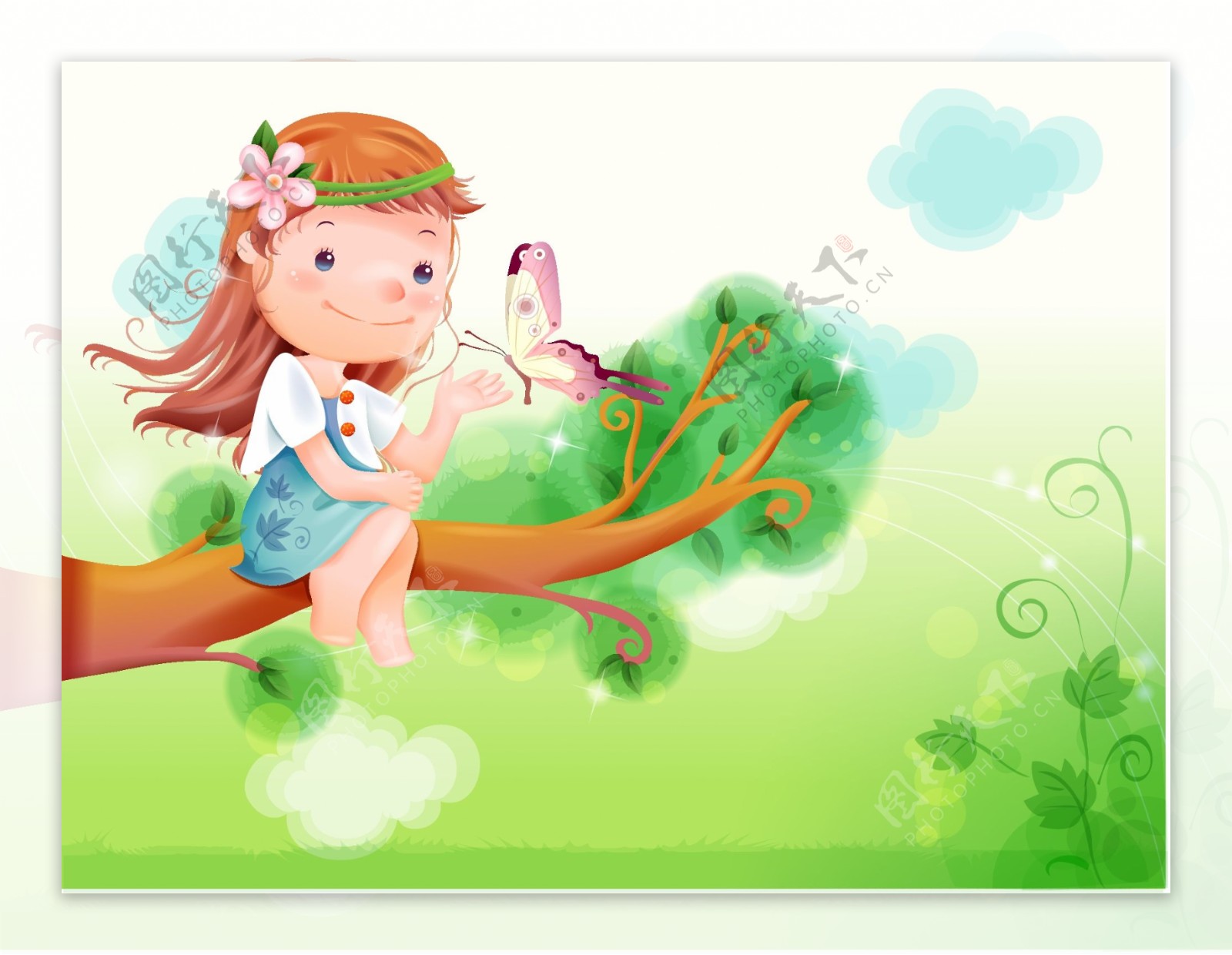坐在树上逗蝴蝶的小女孩