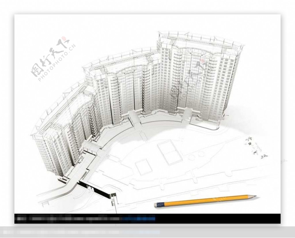 建筑图纸上的高层住宅模型和铅笔