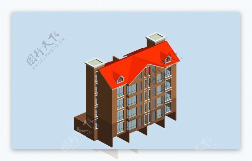 斜色坡顶独栋简模建筑3D模型