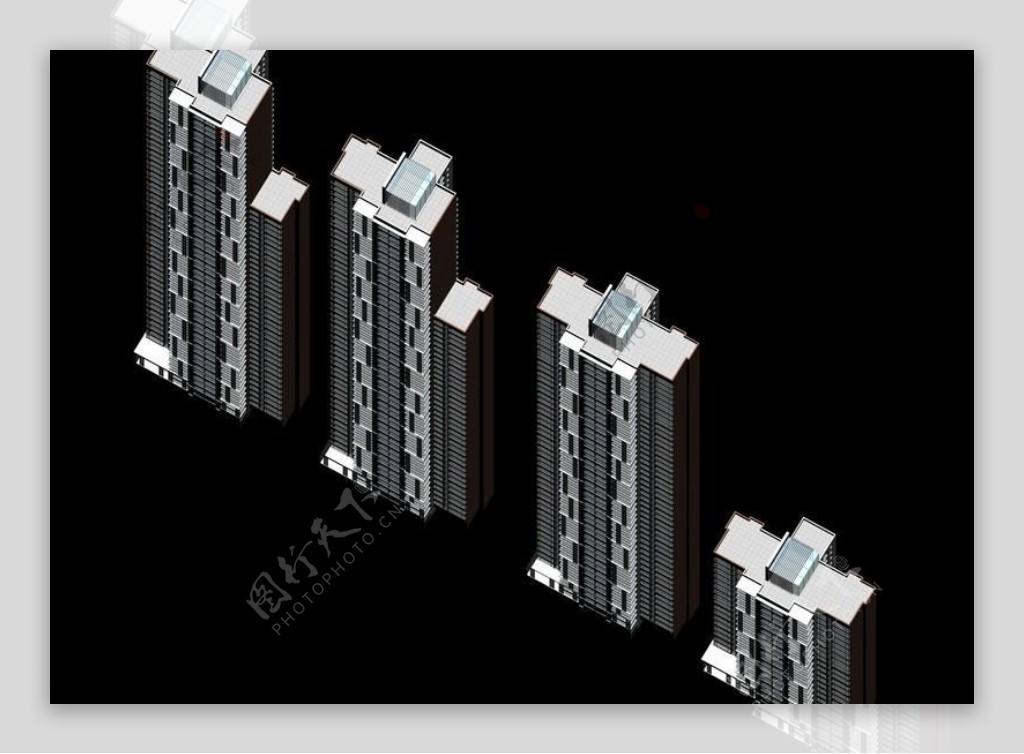 四栋并排塔式高层住宅楼群3D模型