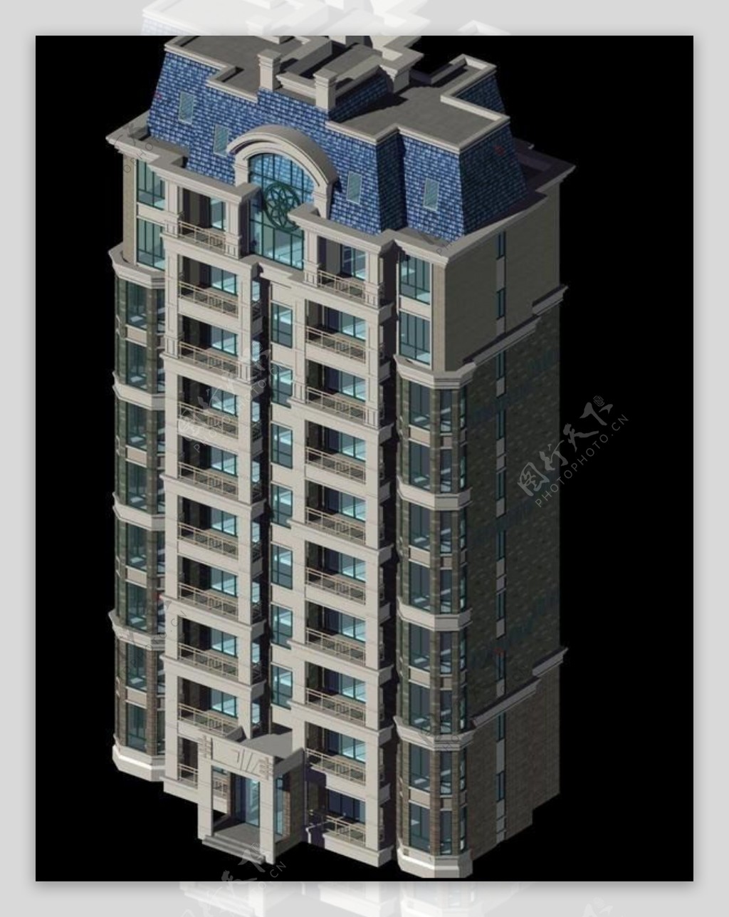 独栋坡顶十层塔式住宅楼3D模型