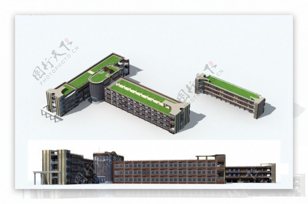 T字造型学校教学楼建筑设计3D模型图