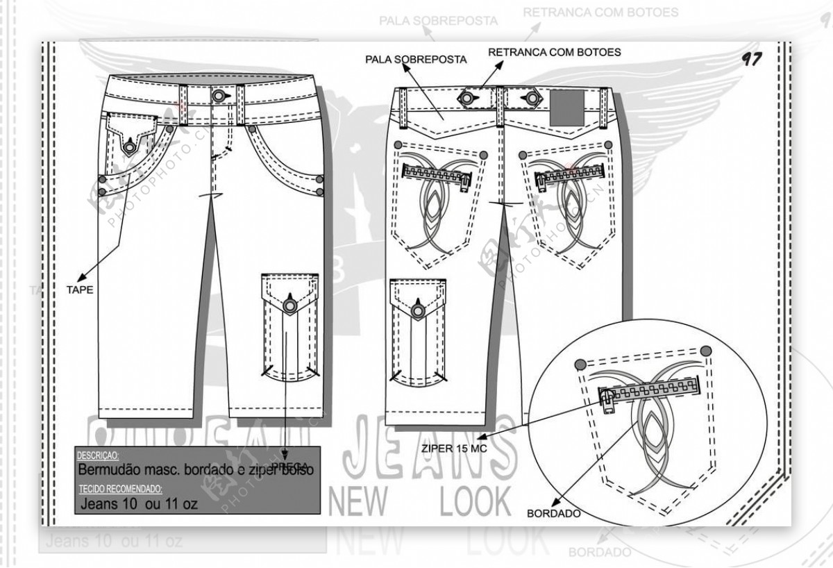 牛仔短裤设计手稿裤脚贴袋图片