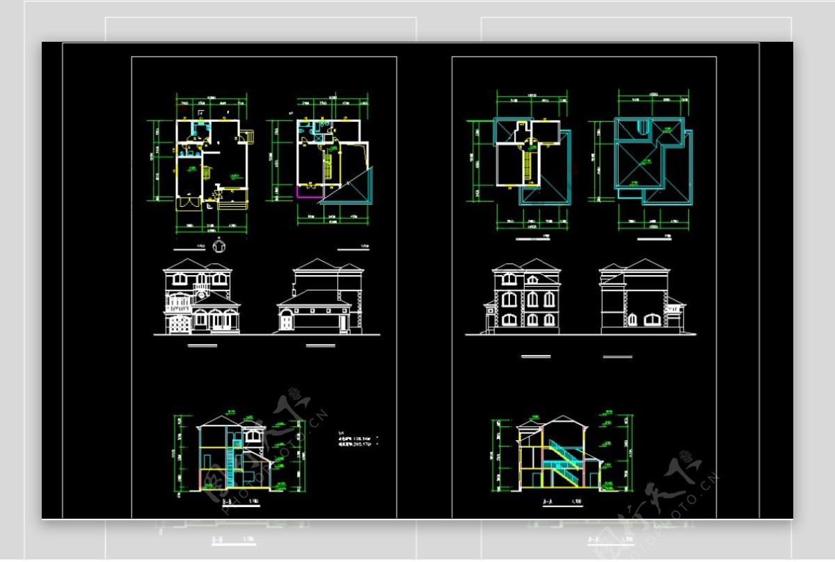 三层小别墅整套cad建筑施工图造