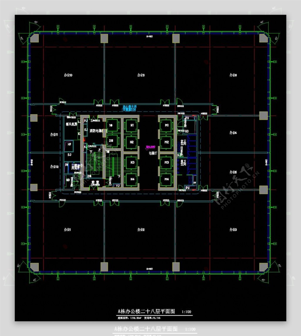 A栋办公楼二十八层平面图cad素材