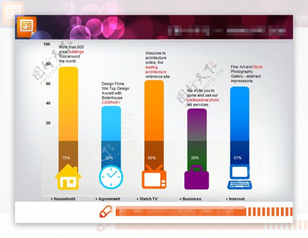 底部图标的PPT柱状图图表素材