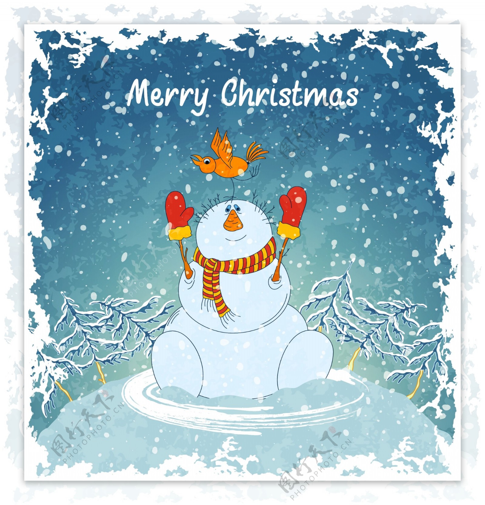 卡通圣诞雪人与小鸟矢量素材