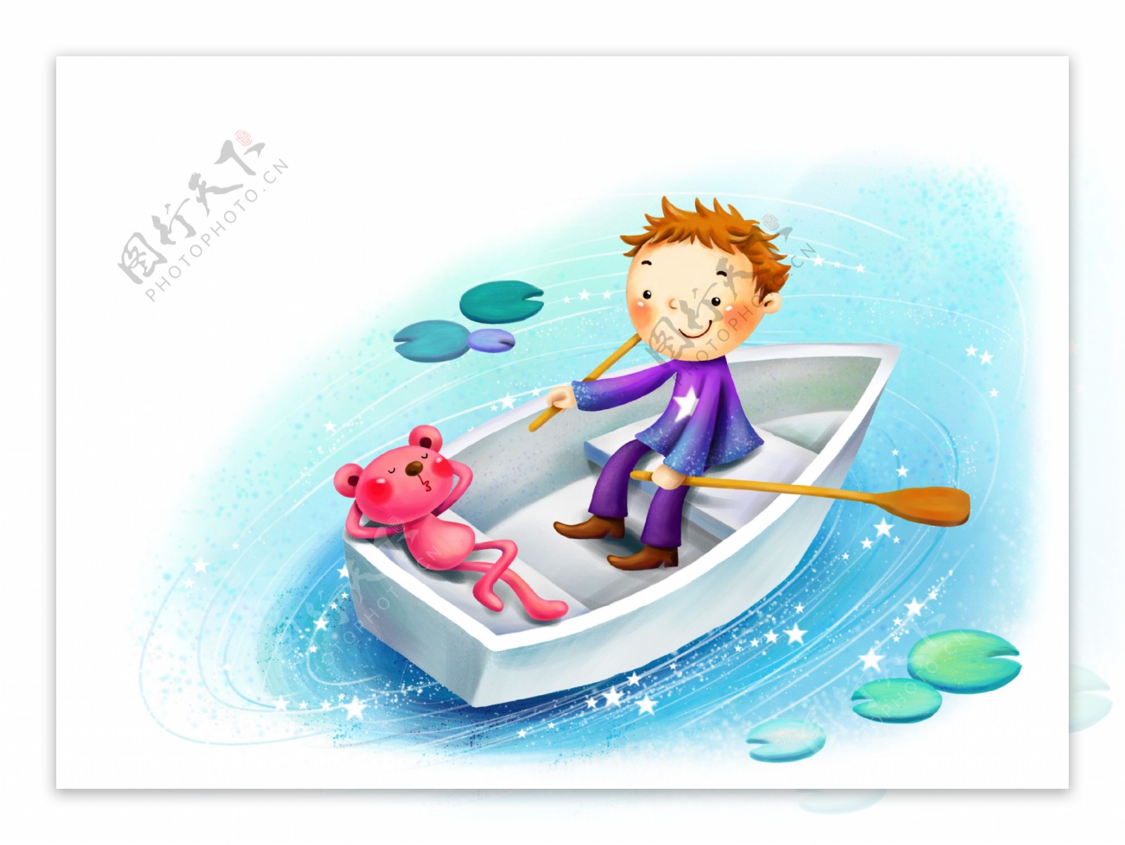 卡通孩童在划船