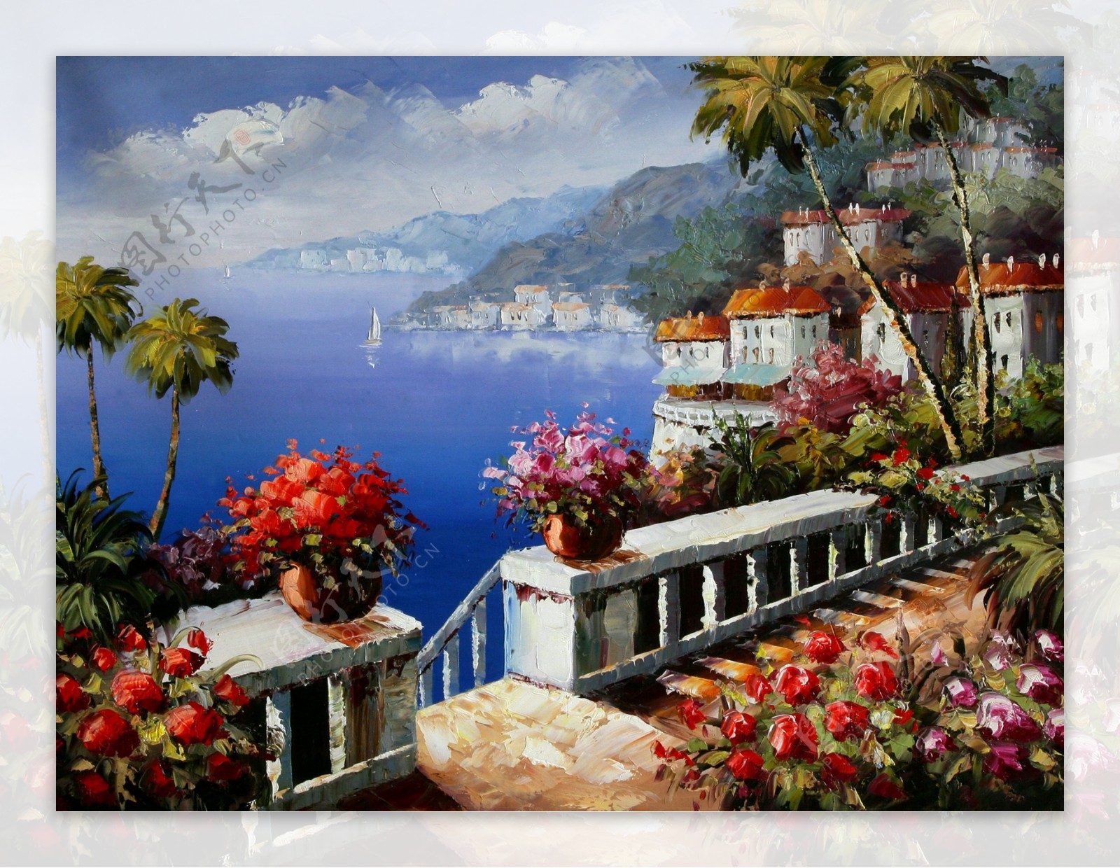 油画海边大海阳台鲜花花朵椰树蓝天白云