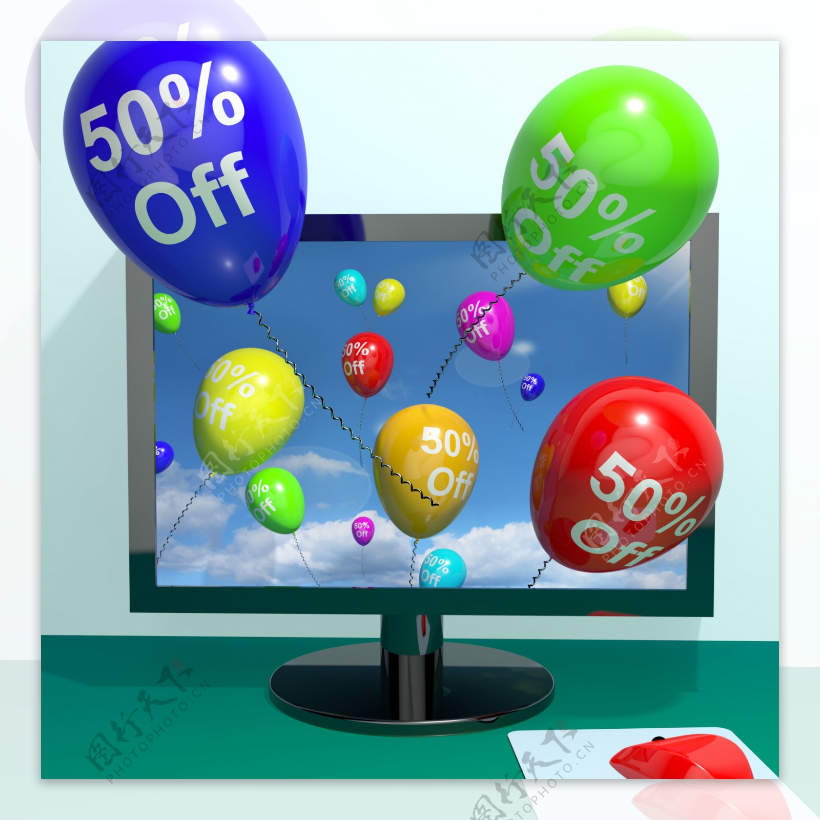 50从计算机显示百分之五十在线销售折扣的气球