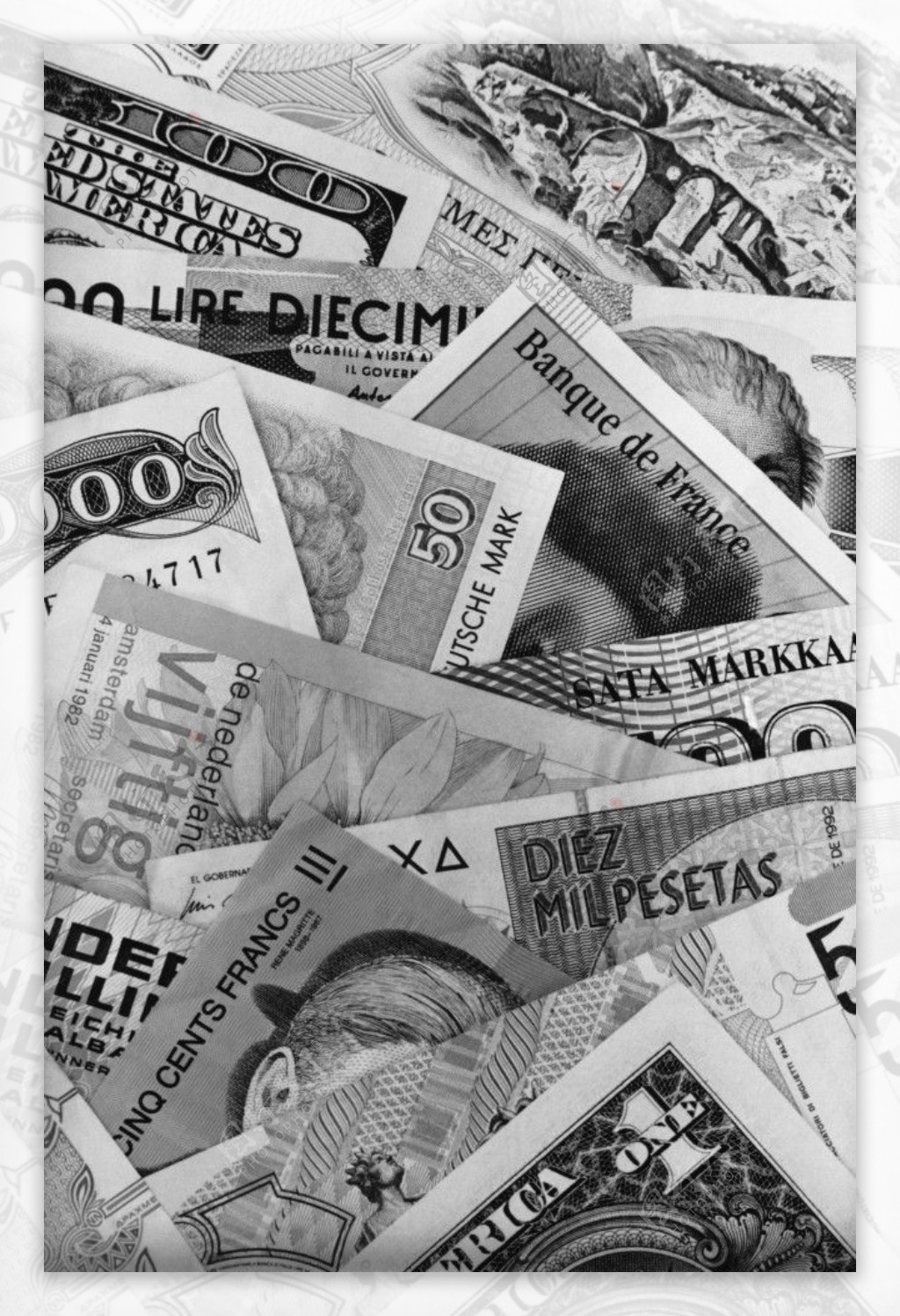 黑白风格叠加交错的外国纸币