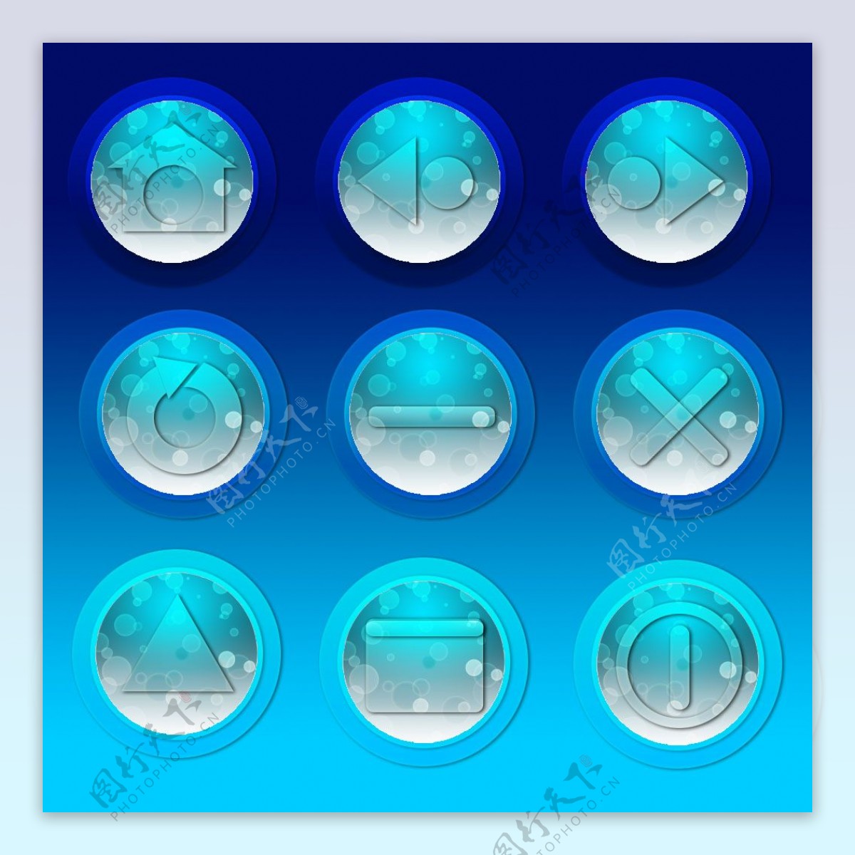 九只蓝底圆形的3D窗口操作按钮