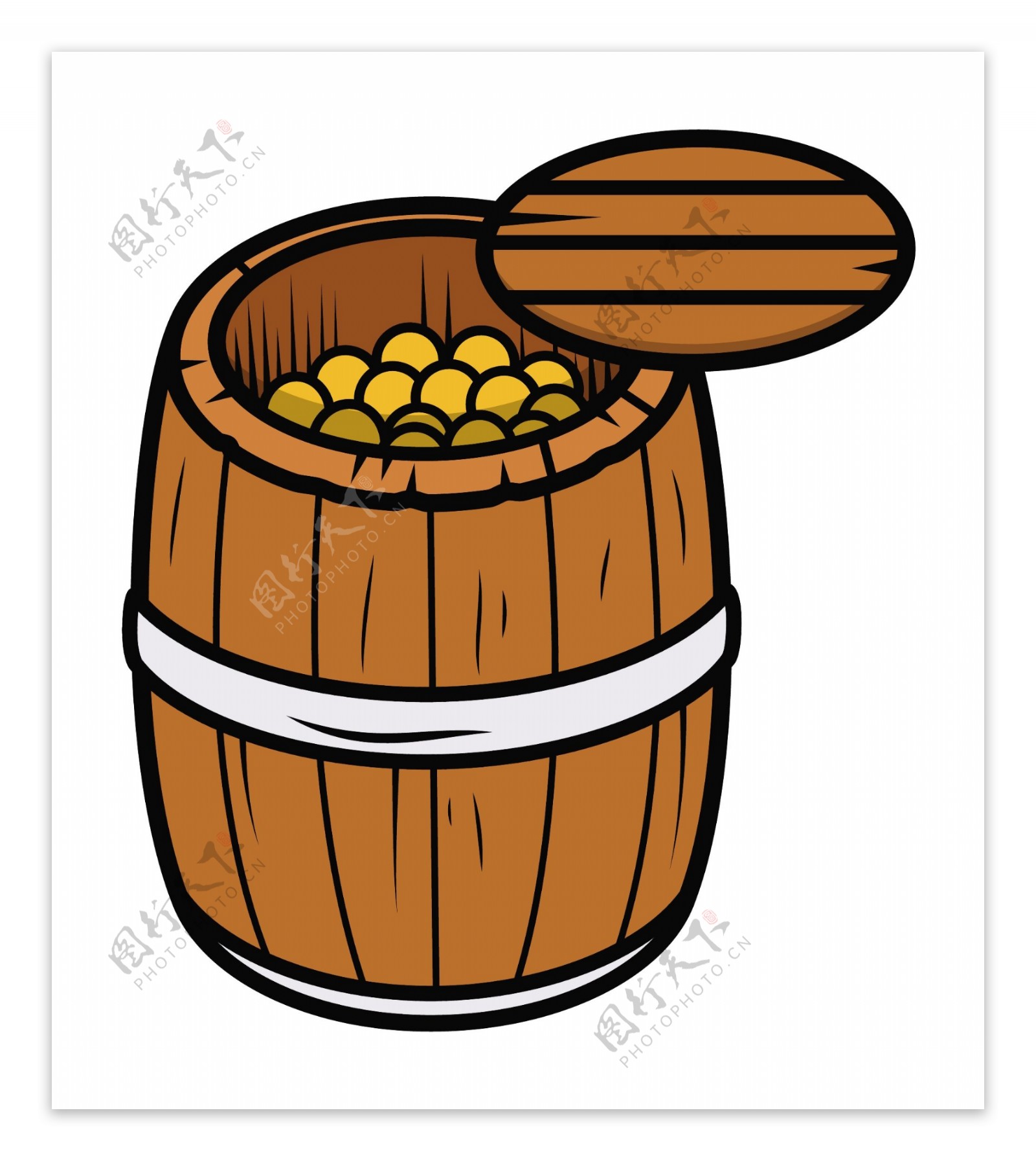 老木桶装满金币的矢量卡通插画
