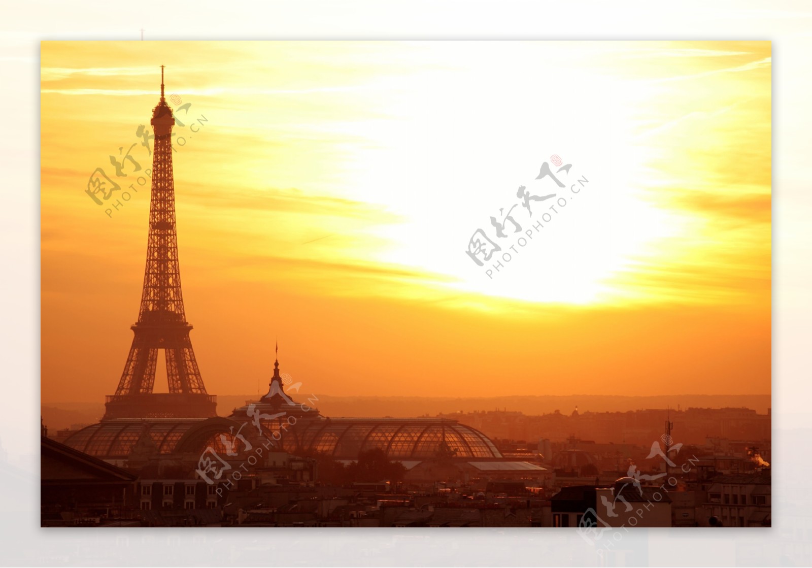 朝阳中的巴黎埃菲尔铁塔高清摄影图片