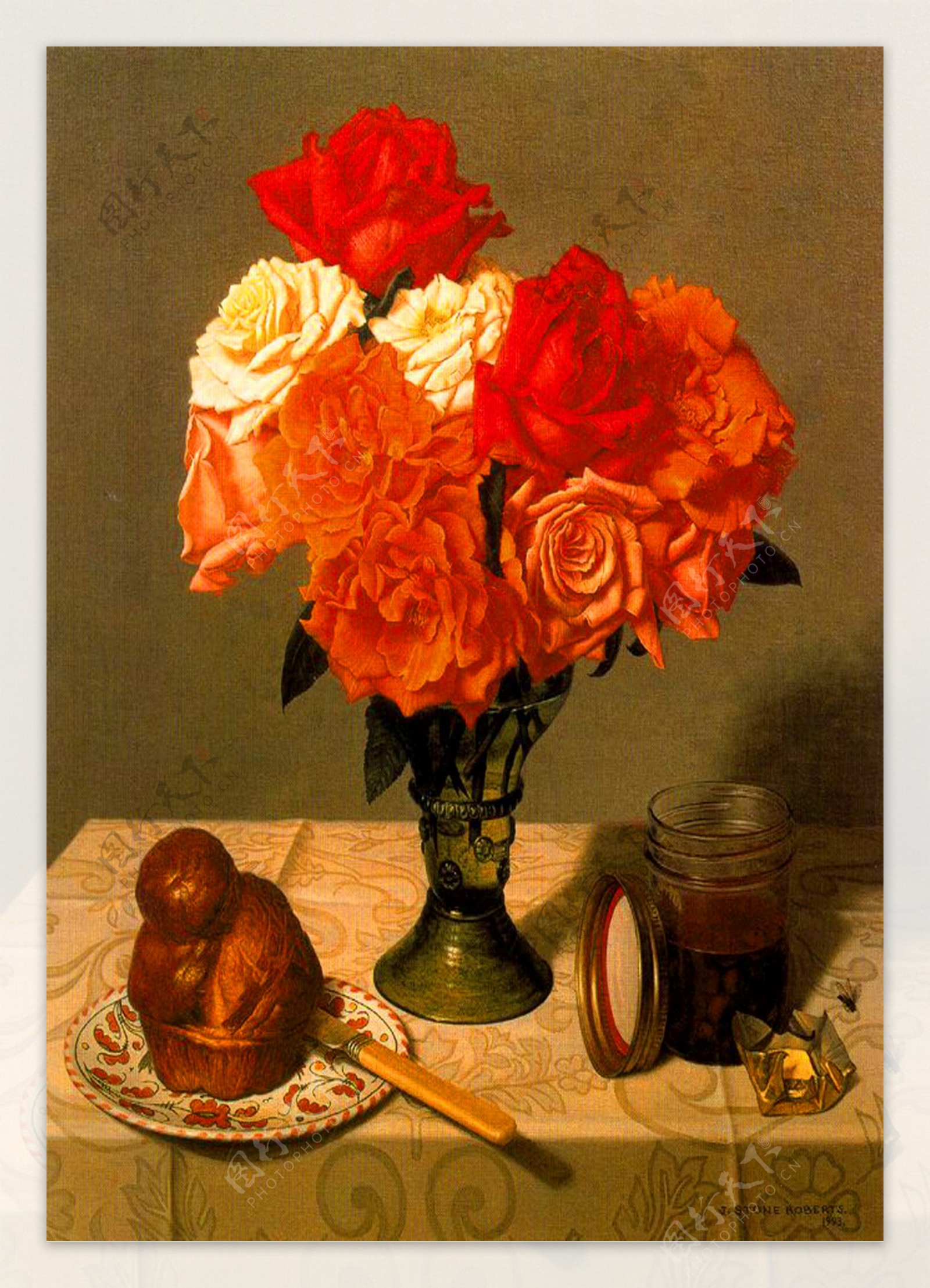 油画餐桌上的一杯鲜花图片