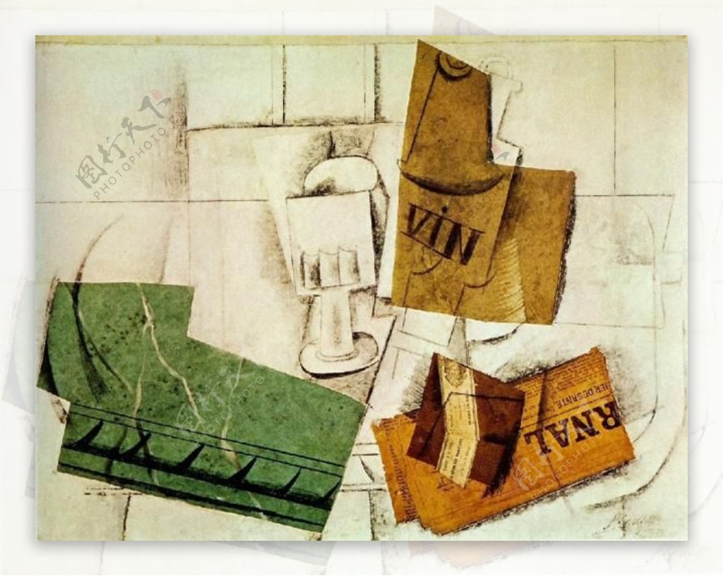 1914Verrebouteilledevinpaquetdetabacjournal西班牙画家巴勃罗毕加索抽象油画人物人体油画装饰画