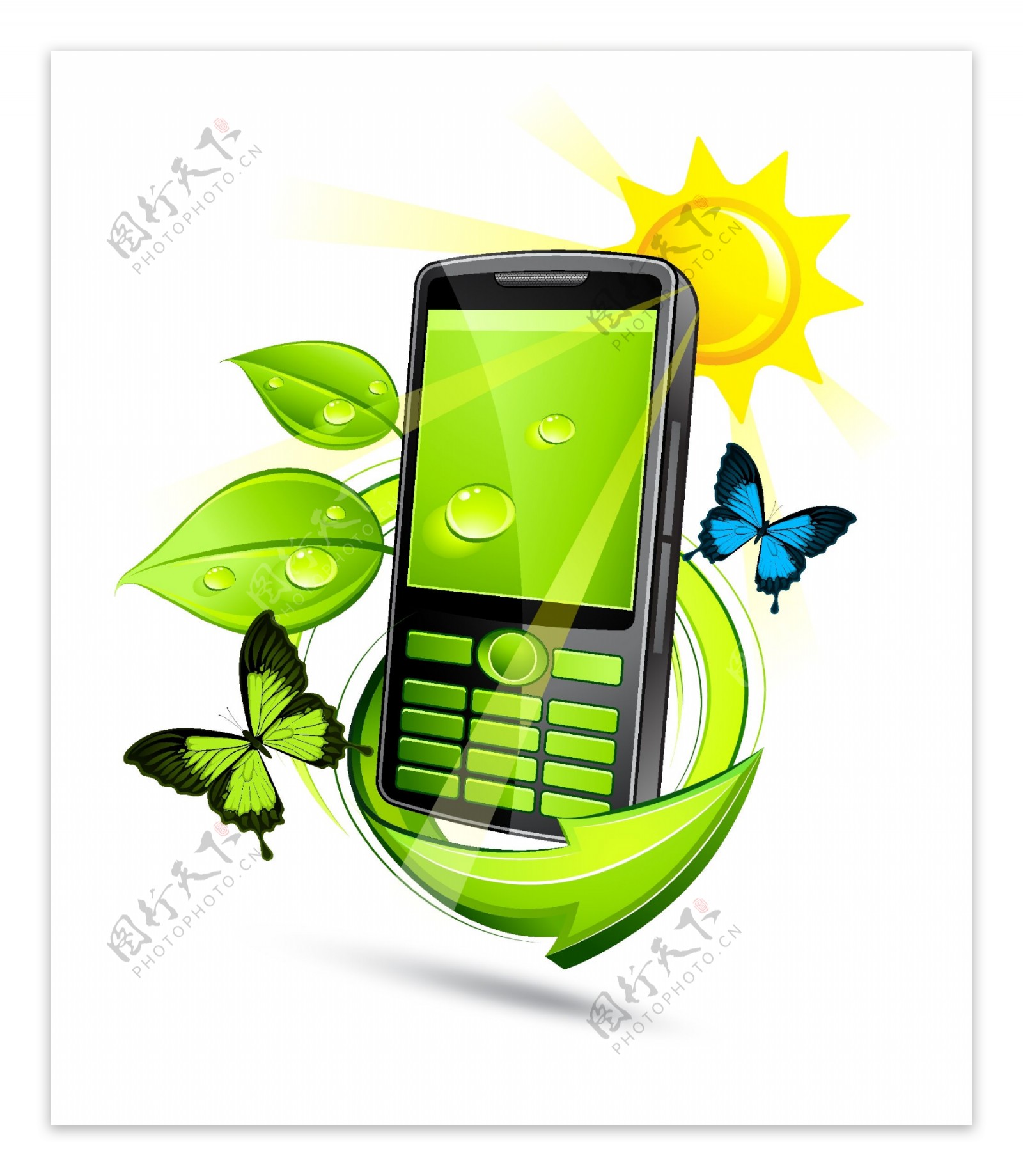 绿色环保手机绿叶水滴水珠蝴蝶图片