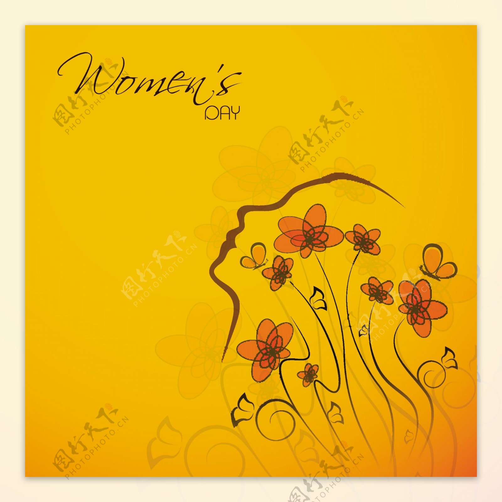 三八妇女节贺卡或海报用花装饰的黄色背景一个女人插画设计