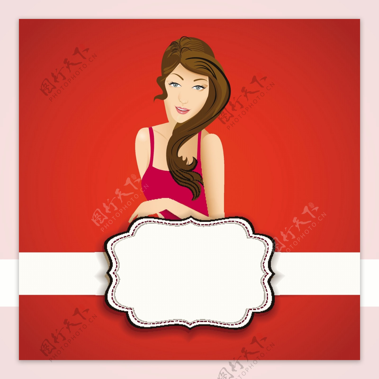 三八妇女节贺卡或海报上明亮的红色背景的漂亮女孩的设计