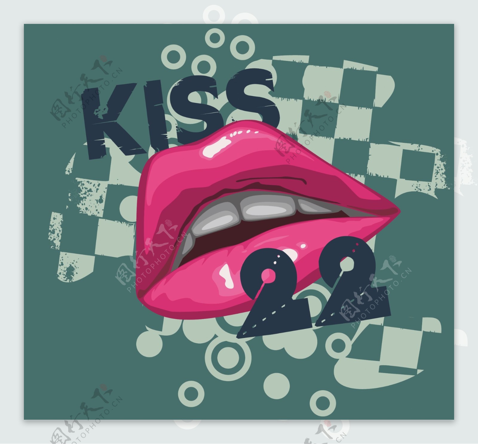 印花矢量图嘴唇KISS英文数字免费素材