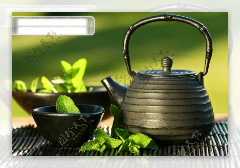 茶壶杯子薄荷叶图片素材