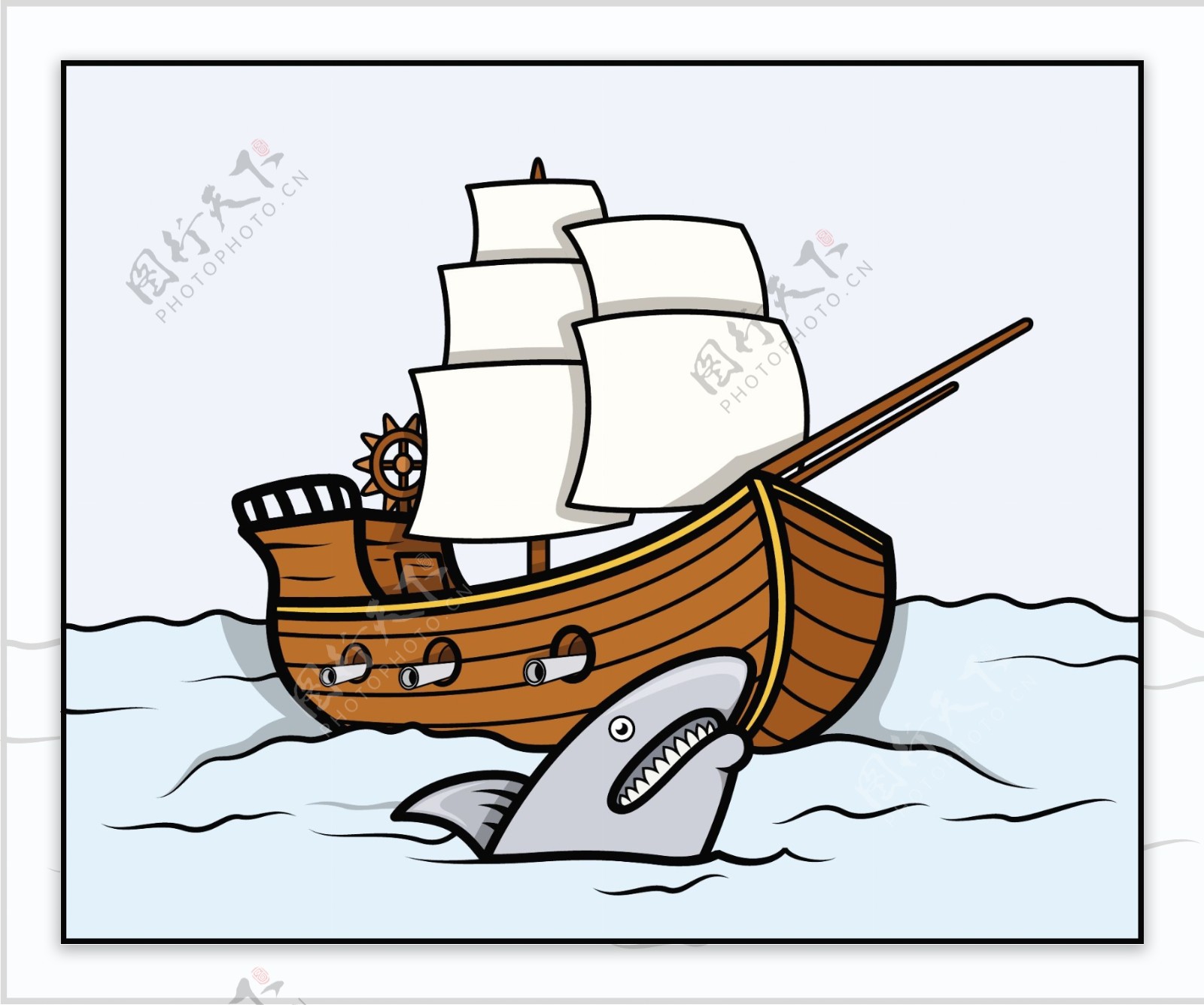 鲨鱼和海老船卡通插画矢量