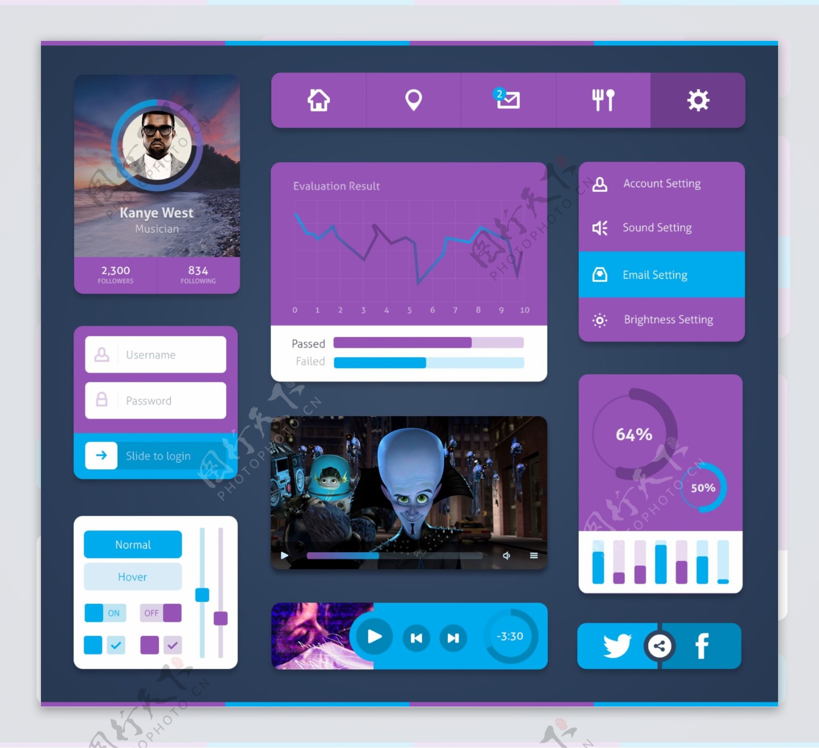 漂亮的紫色的WebUI元素盒PSD