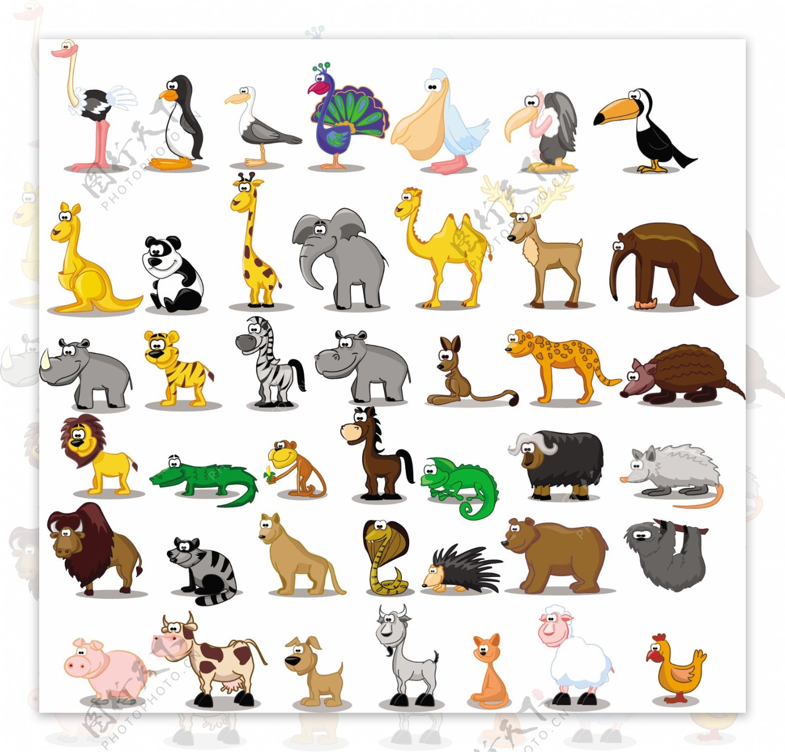 42个可爱的丰富多彩的卡通动物矢量集