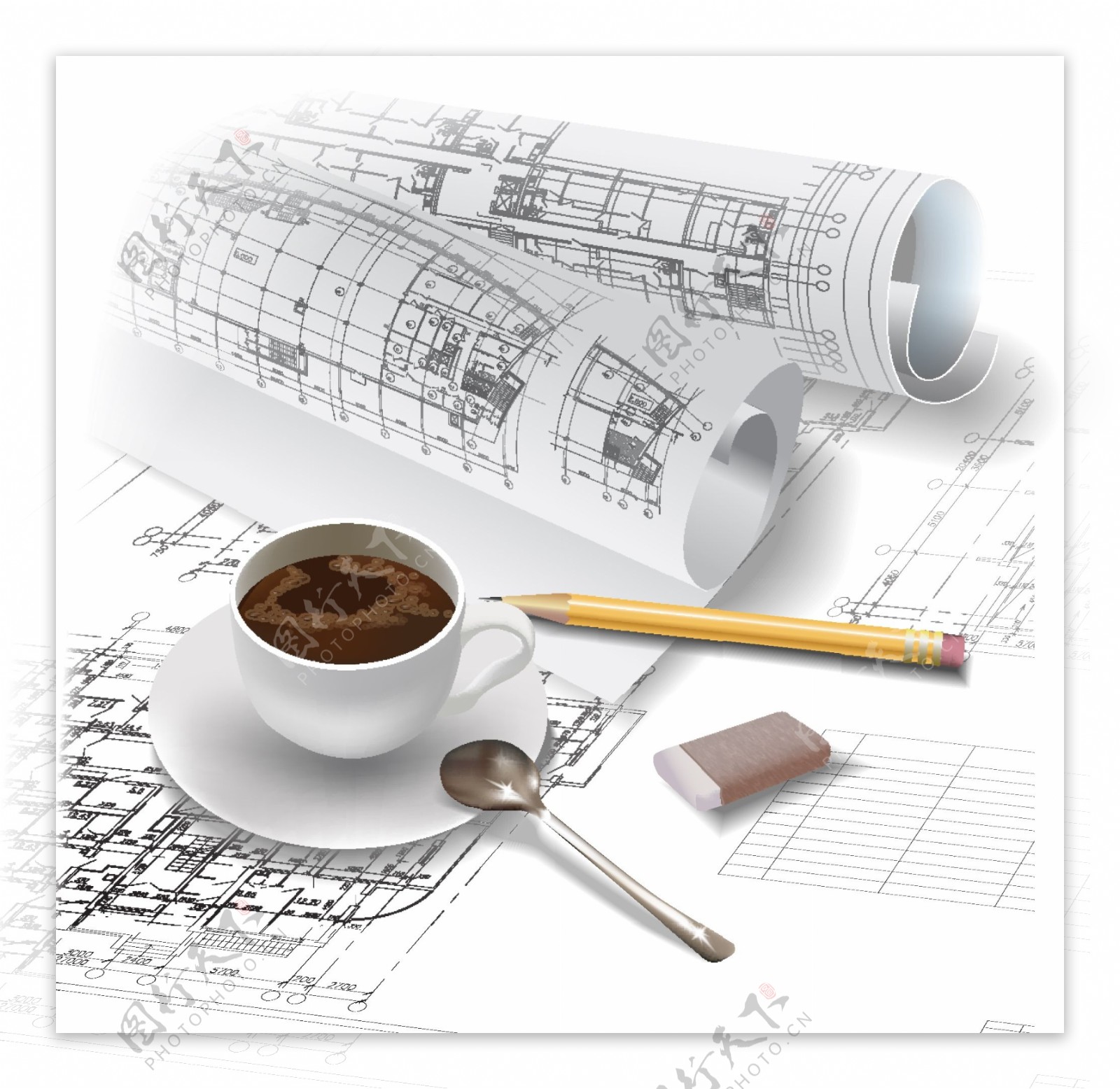 建筑工程图咖啡办公用品图片