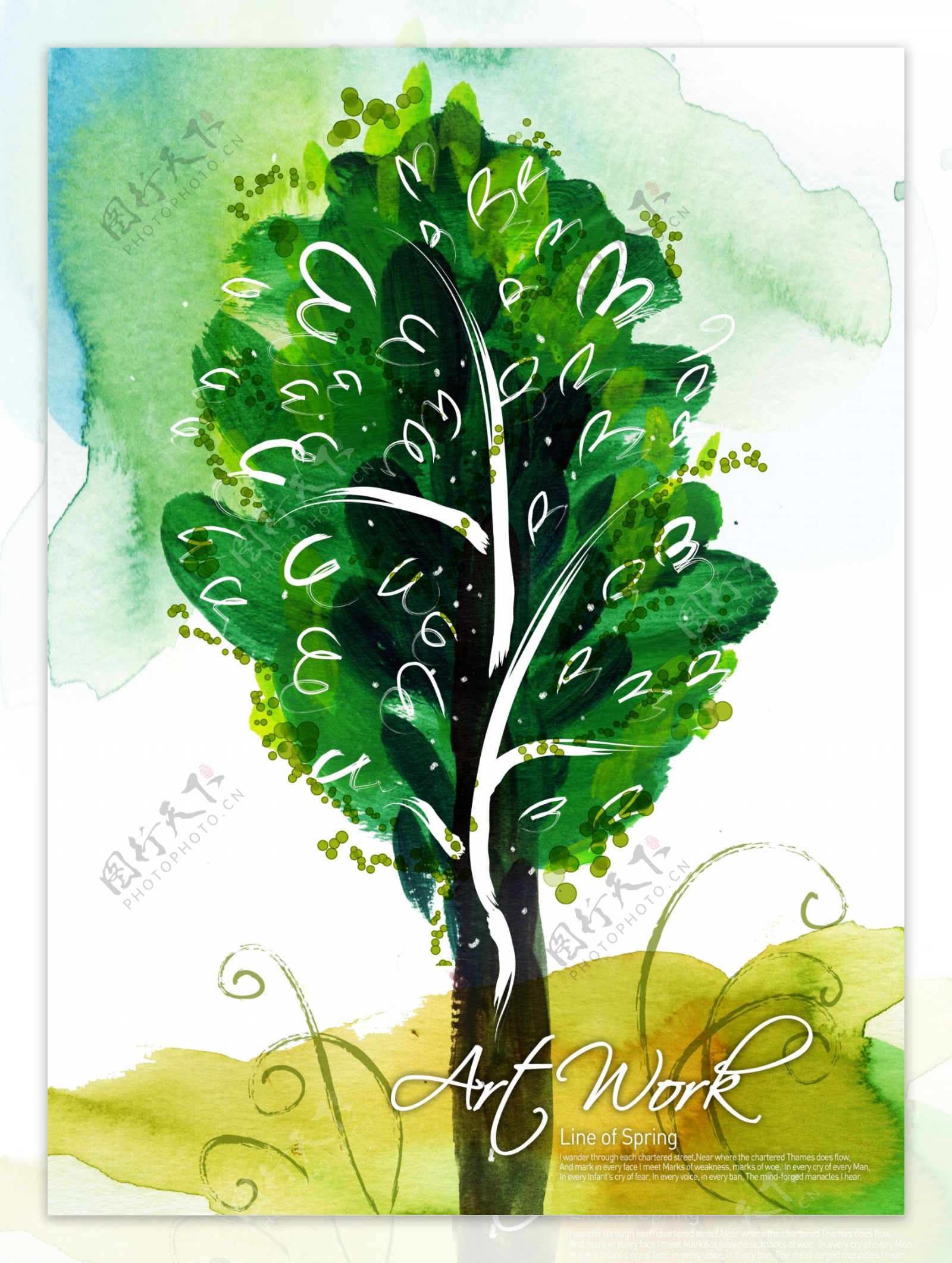 树木小鸟蓝天花朵绘画手绘色彩PSD分层素材源文件韩国花纹图库