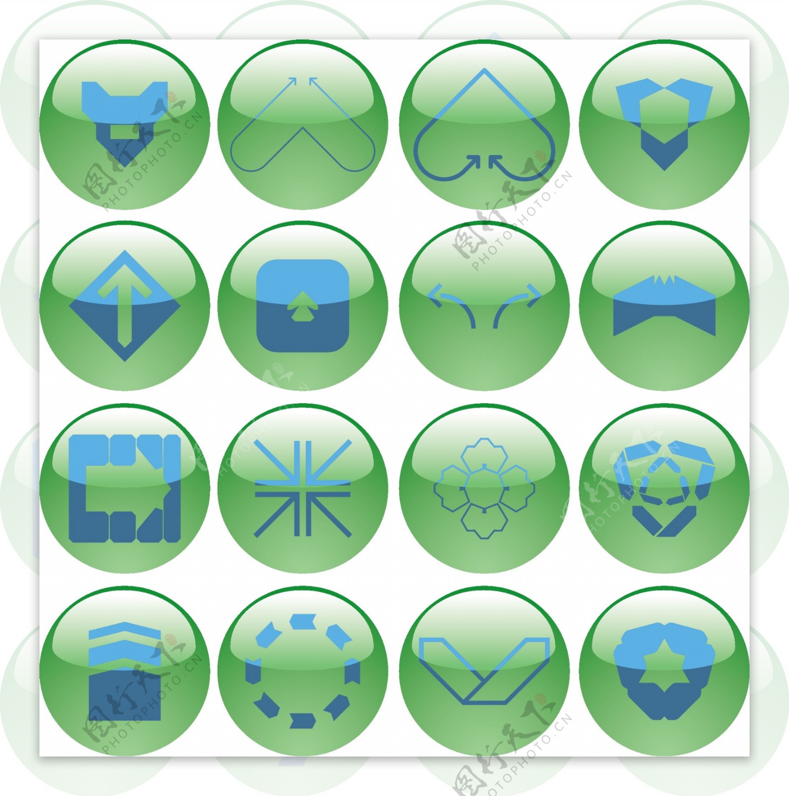 各种符号的绿色水晶圆球按钮图标矢量素材