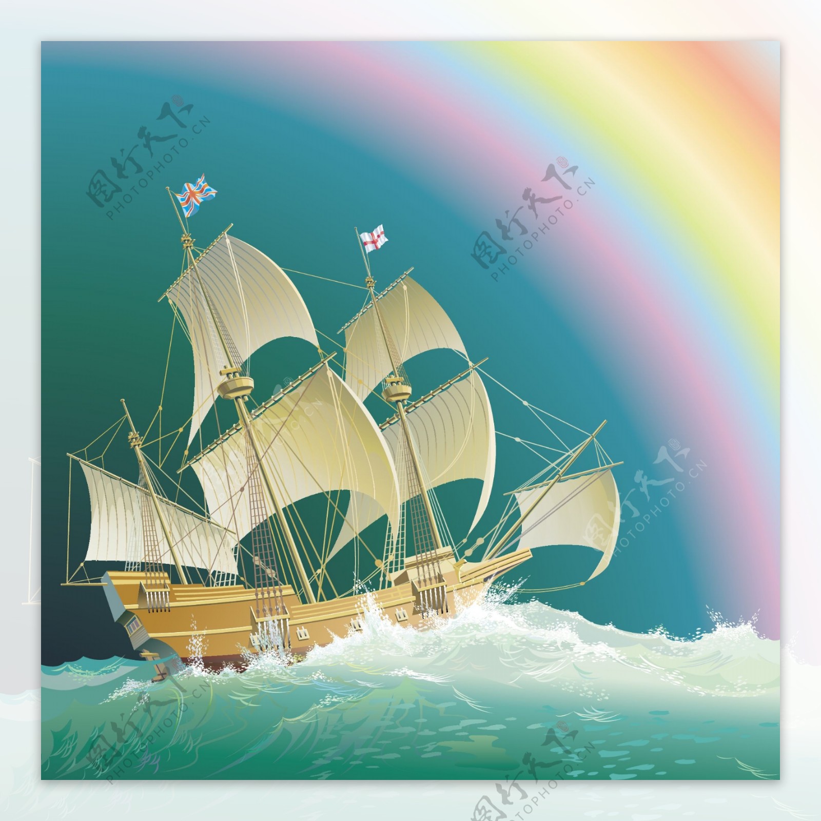 4个美丽的旧船航行的大的波矢量的彩虹