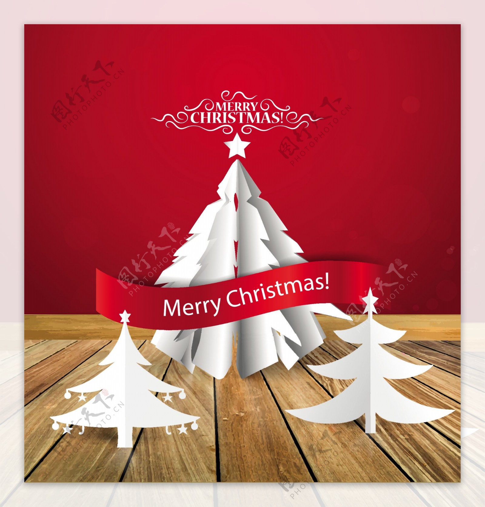 白色折纸圣诞树贺卡矢量素材.