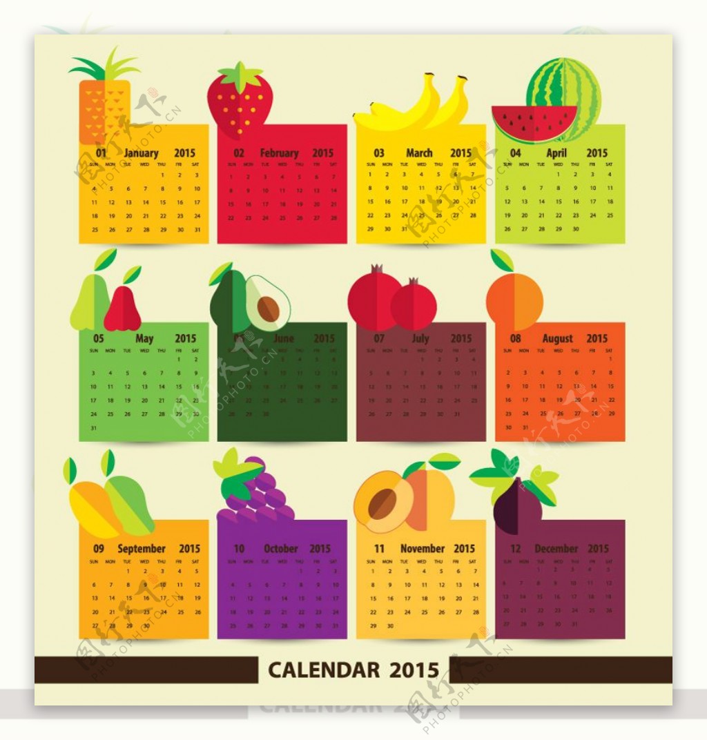 2015彩色水果标贴年历矢量素材