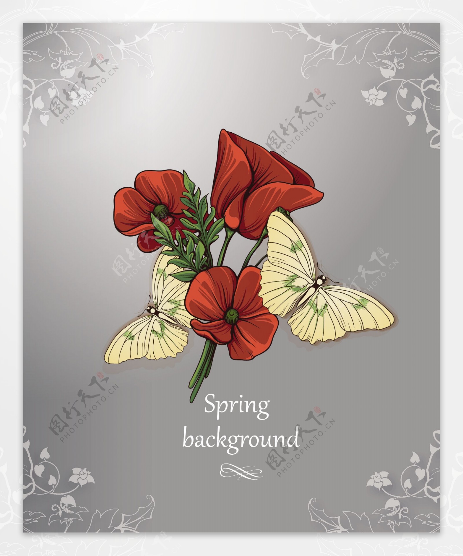 以蝴蝶和春天的花花卉背景矢量插画