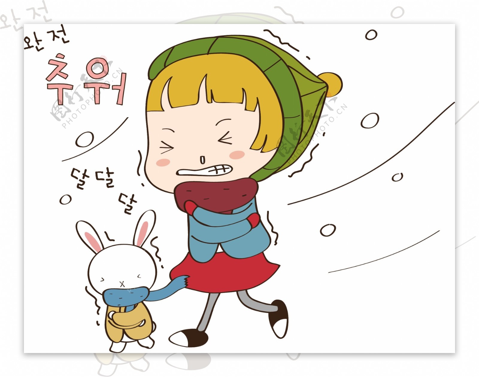 女孩和兔子在风中受冻图片