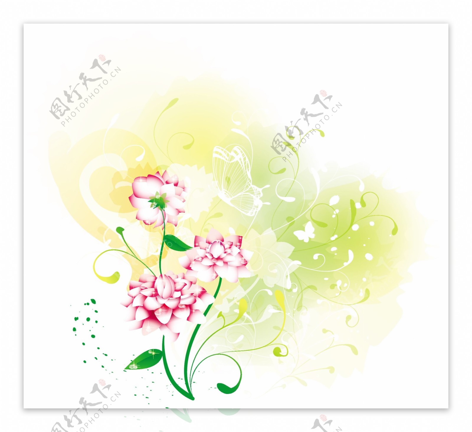 蝴蝶藤蔓和粉色花朵插画