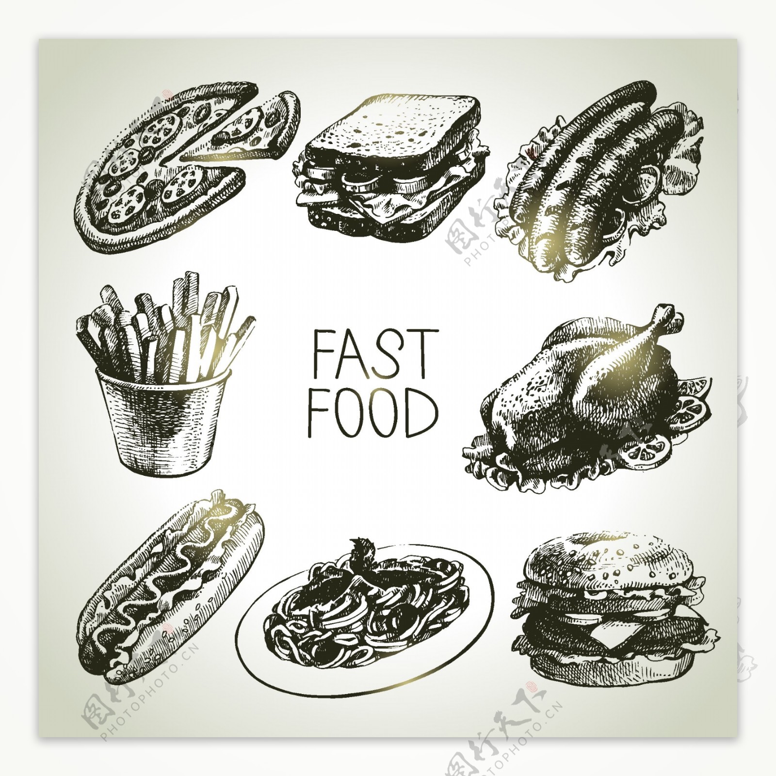 手绘快餐食品插图