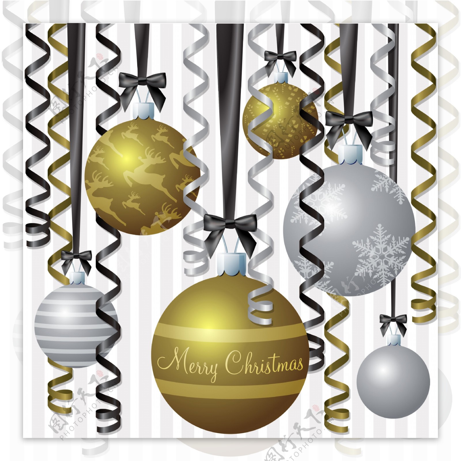 丝带和小玩意激发矢量格式的圣诞卡的金和银