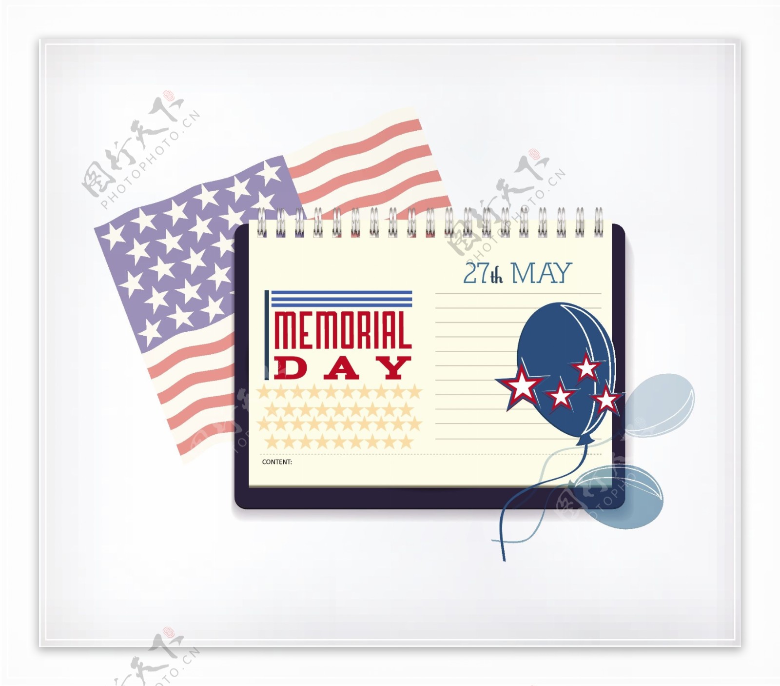 日历和美国国旗纪念日的矢量插图