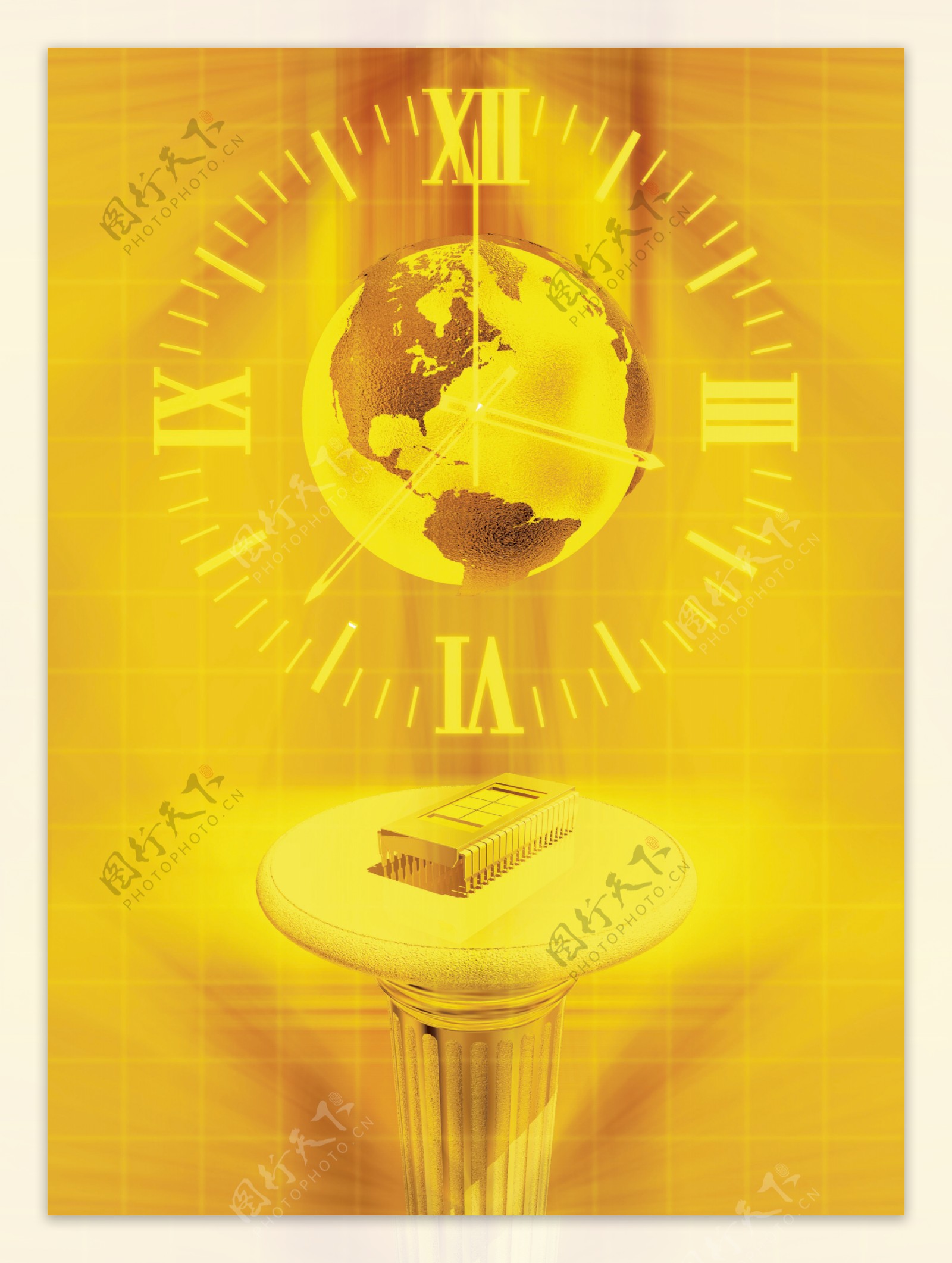 黄色科技背景地球芯片图片