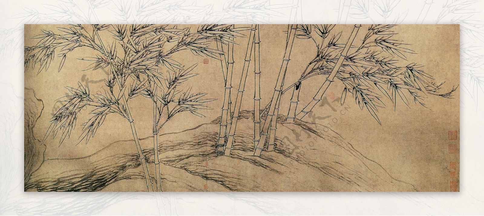 中国花鸟画名家张逊真迹双钩竹及松石图之二