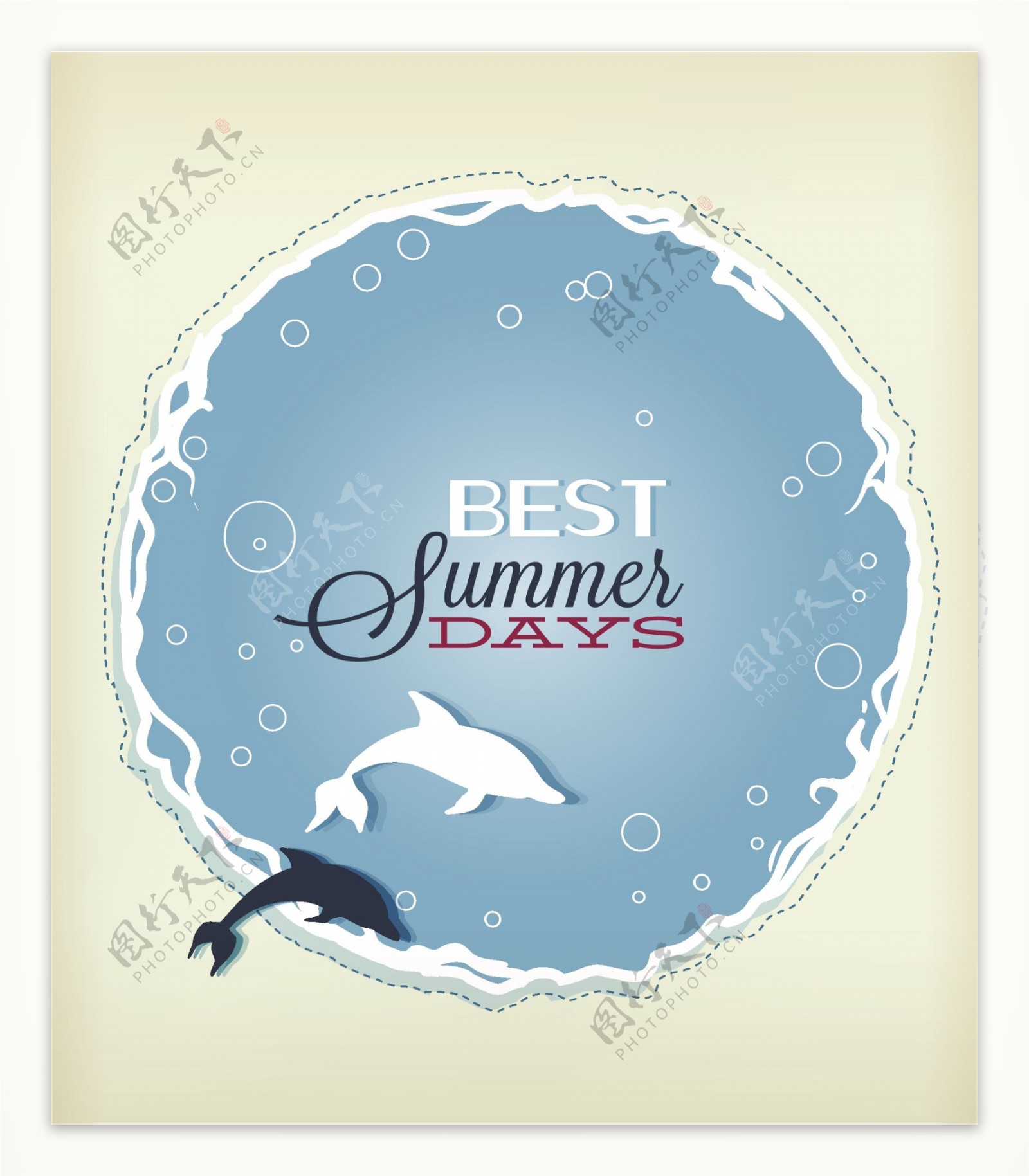 夏天的太阳矢量插图的鱼云海豚