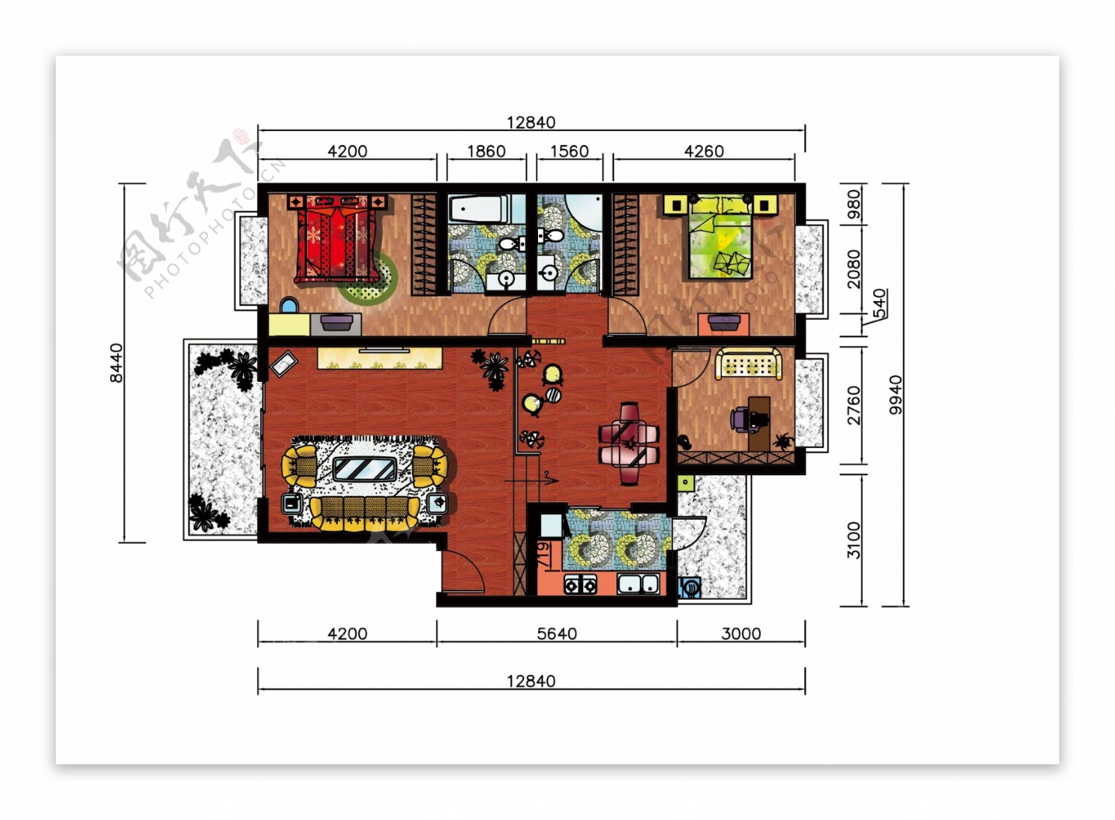三室两厅彩色平面图