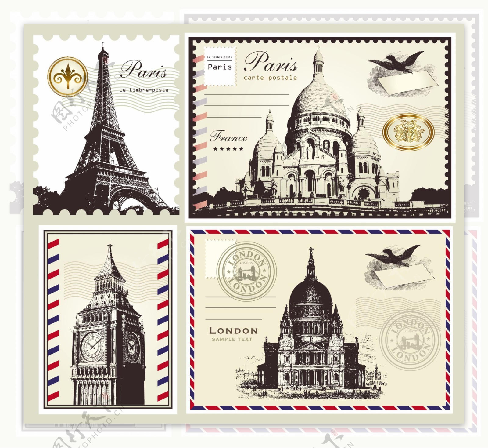 矢量素材著名建筑邮票