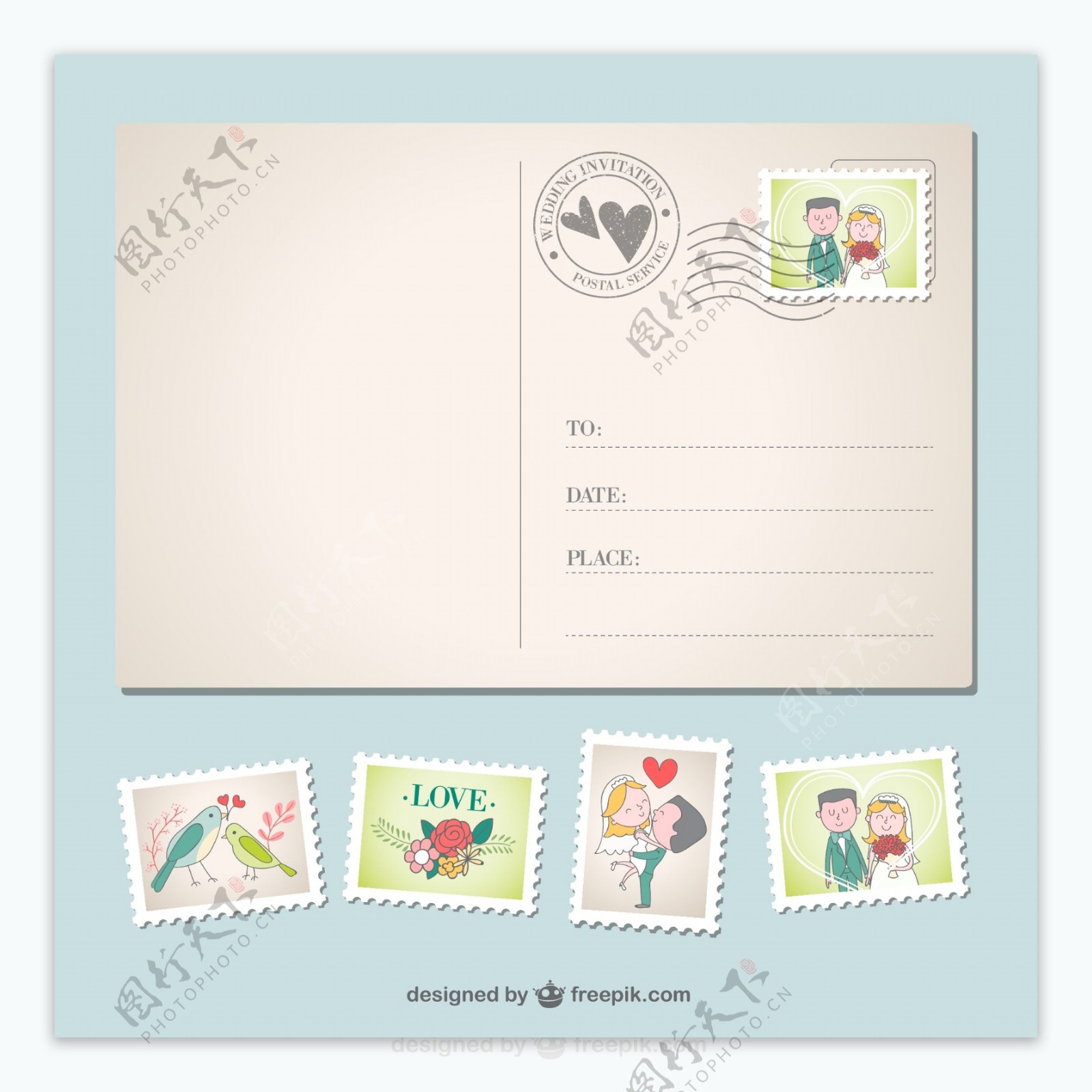 婚礼邀请明信片与邮票设计矢量素材.