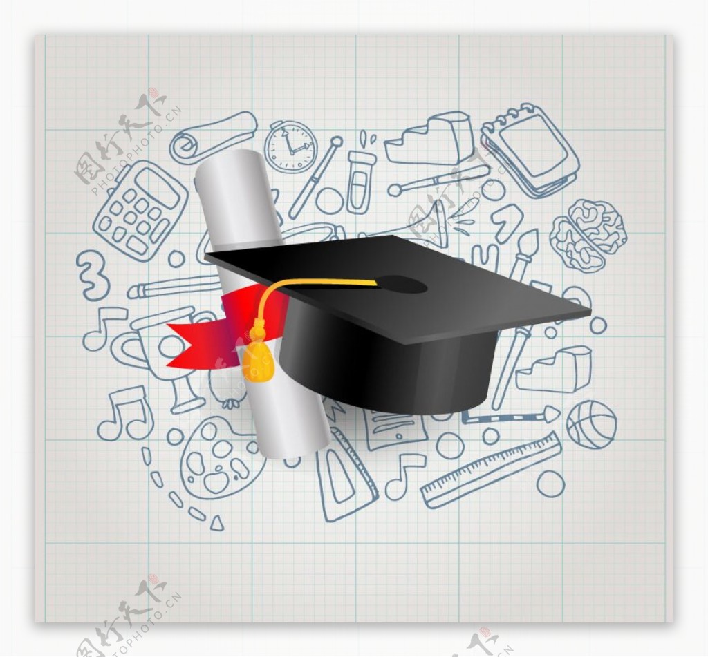 博士帽与毕业证书矢量素材