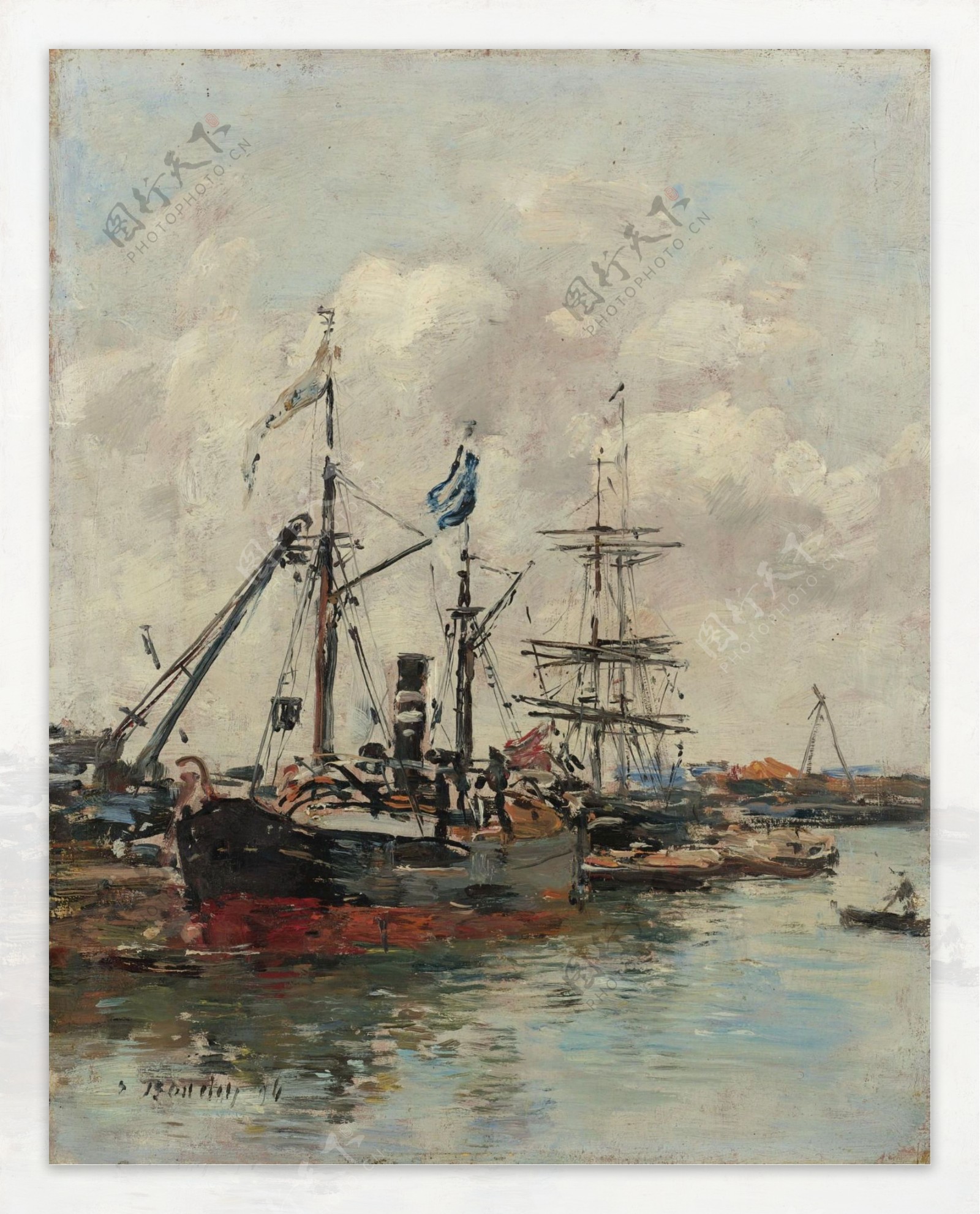 港口渔船油画图片