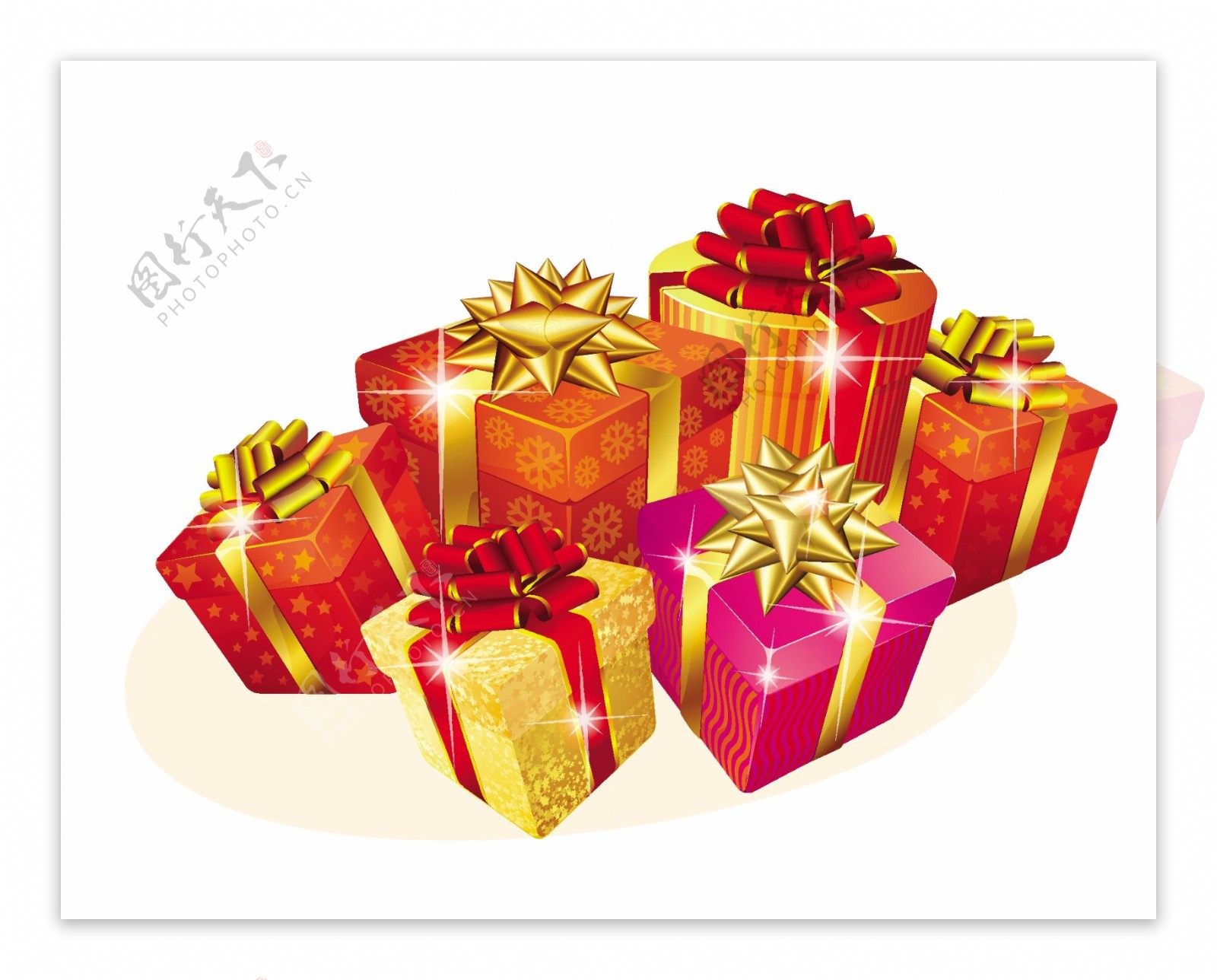 装饰一新的圣诞礼品盒与黄金和红丝带矢量